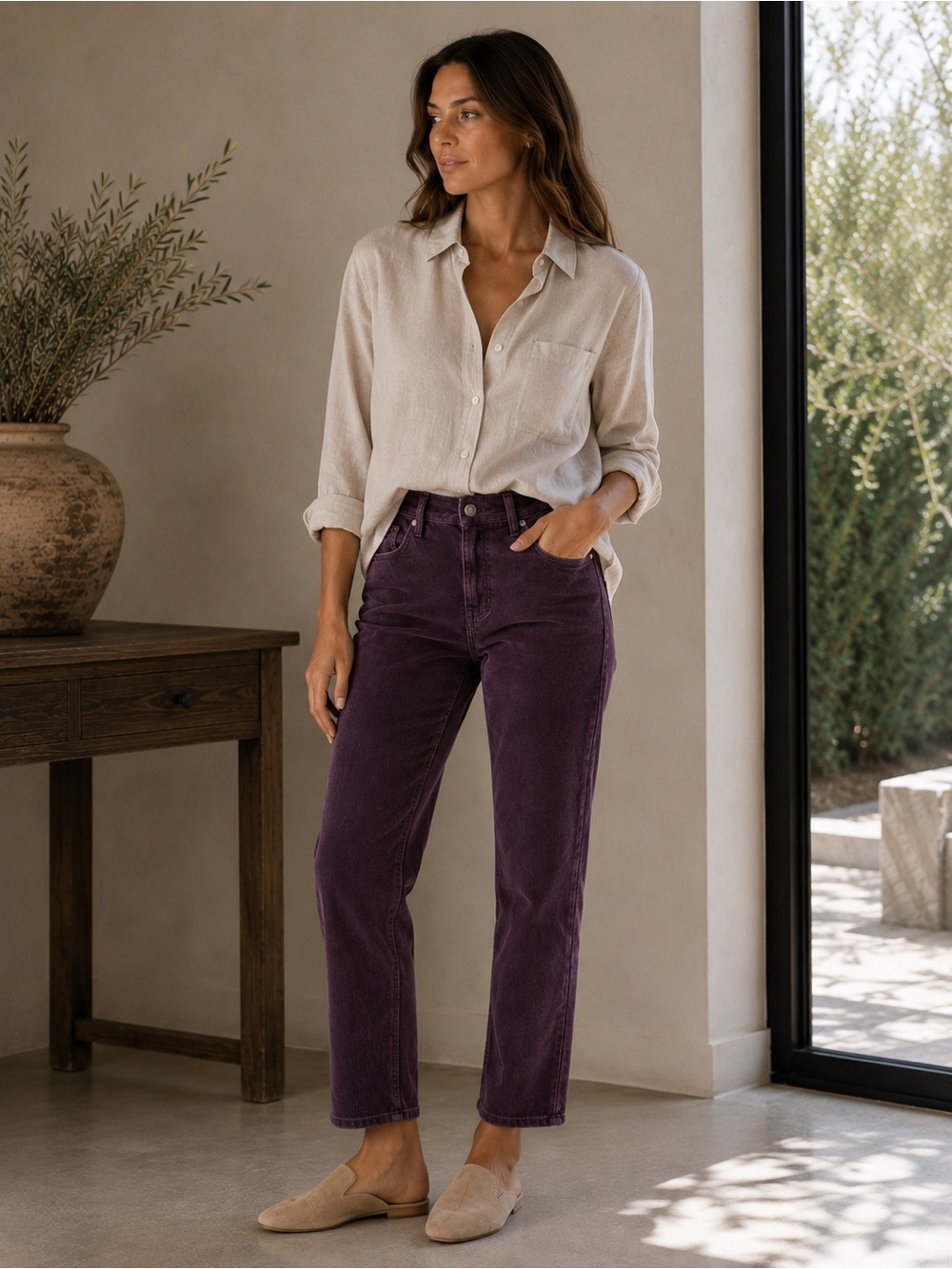 Ag Adriano Goldschmied The Stevie Slim Straight Corduroy Jeans in Deep Plum